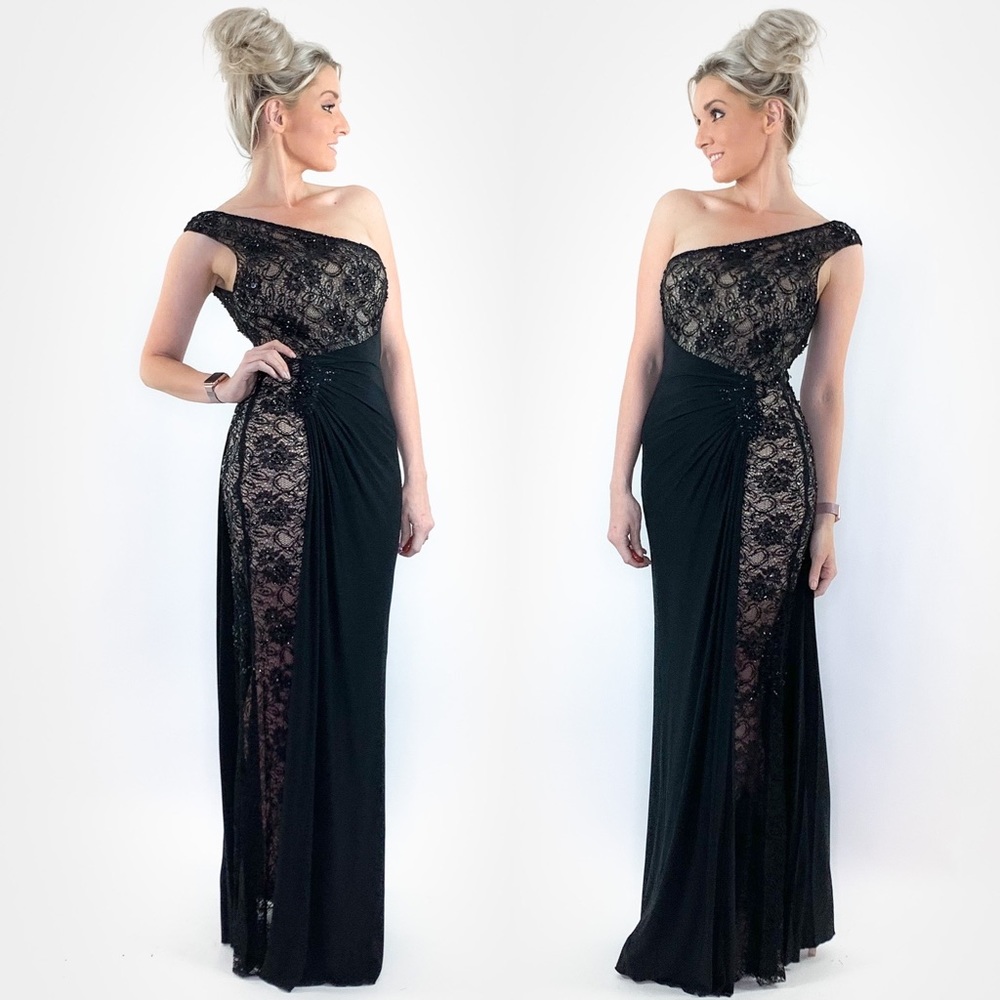 Black Lace Over Nude Evening Gown - Picture 3 of 8